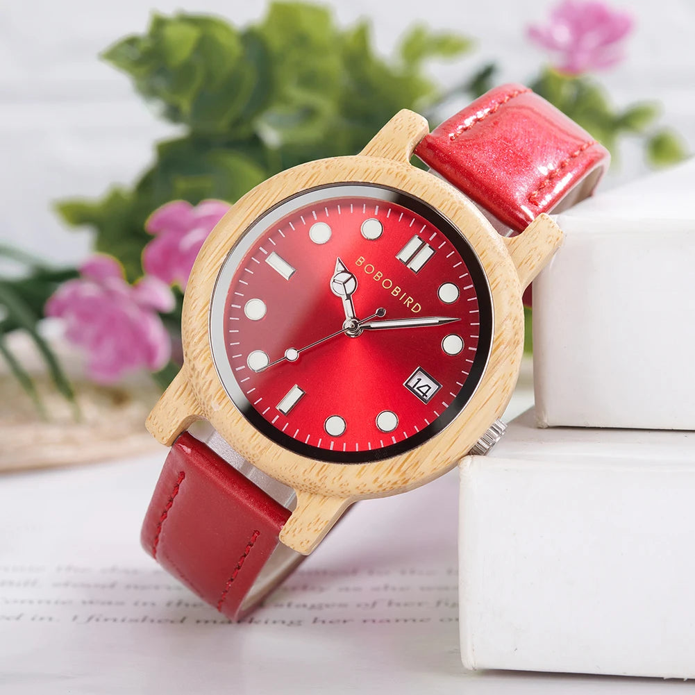 BOBO BIRD Bamboo Ladies Wristwatch for Women with Genuine Leather Strap Natural Lightweight Elegant Fashion Gift Watch for Her