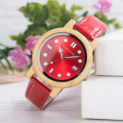 BOBO BIRD Bamboo Ladies Wristwatch for Women with Genuine Leather Strap Natural Lightweight Elegant Fashion Gift Watch for Her