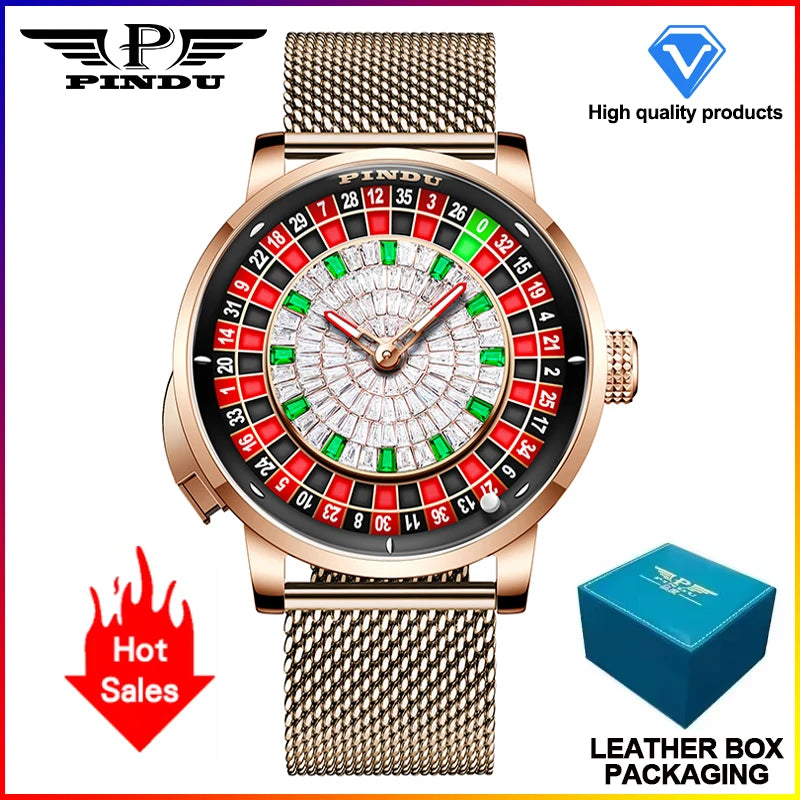 NEW PINDU Design Button Rotating Red Diamond Dial Mechanical Watch Men NH35 Movement Stainless Steel Top Luxury Automatic Watch