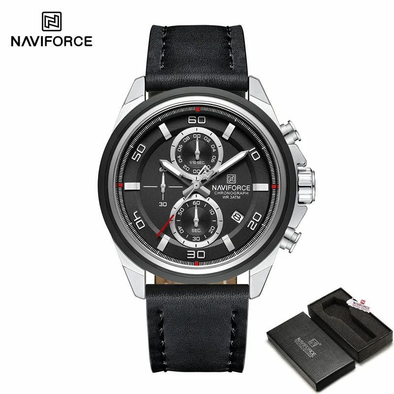 NAVIFROCE Business Casual Mens Watch 3ATM Water-Resistant Calendar Luminous Dial With Leather Strap For Gifts Original Design