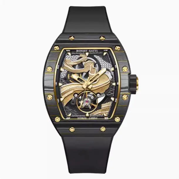 BONEST GATTI Men Automatic Watch 51mm Tonneau Mechanical Wristwatch Carbon Fiber Sapphire Mirror Luminous Great Wall Dial