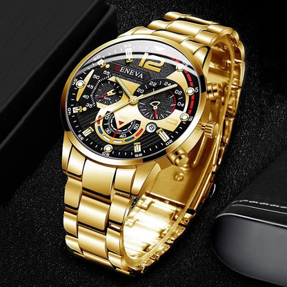 4pcs/set Men Business Watches Fashion Gold Steel Band Analog Male's Quartz Watch Jewelry Set（Without Box）