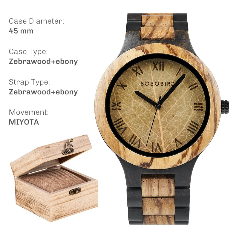 BOBO BIRD Men's Wood Watch with Genuine Leaf, Original Wooden Clock, Wooden Watch, Handmade Watch, Anniversary Gift for Man