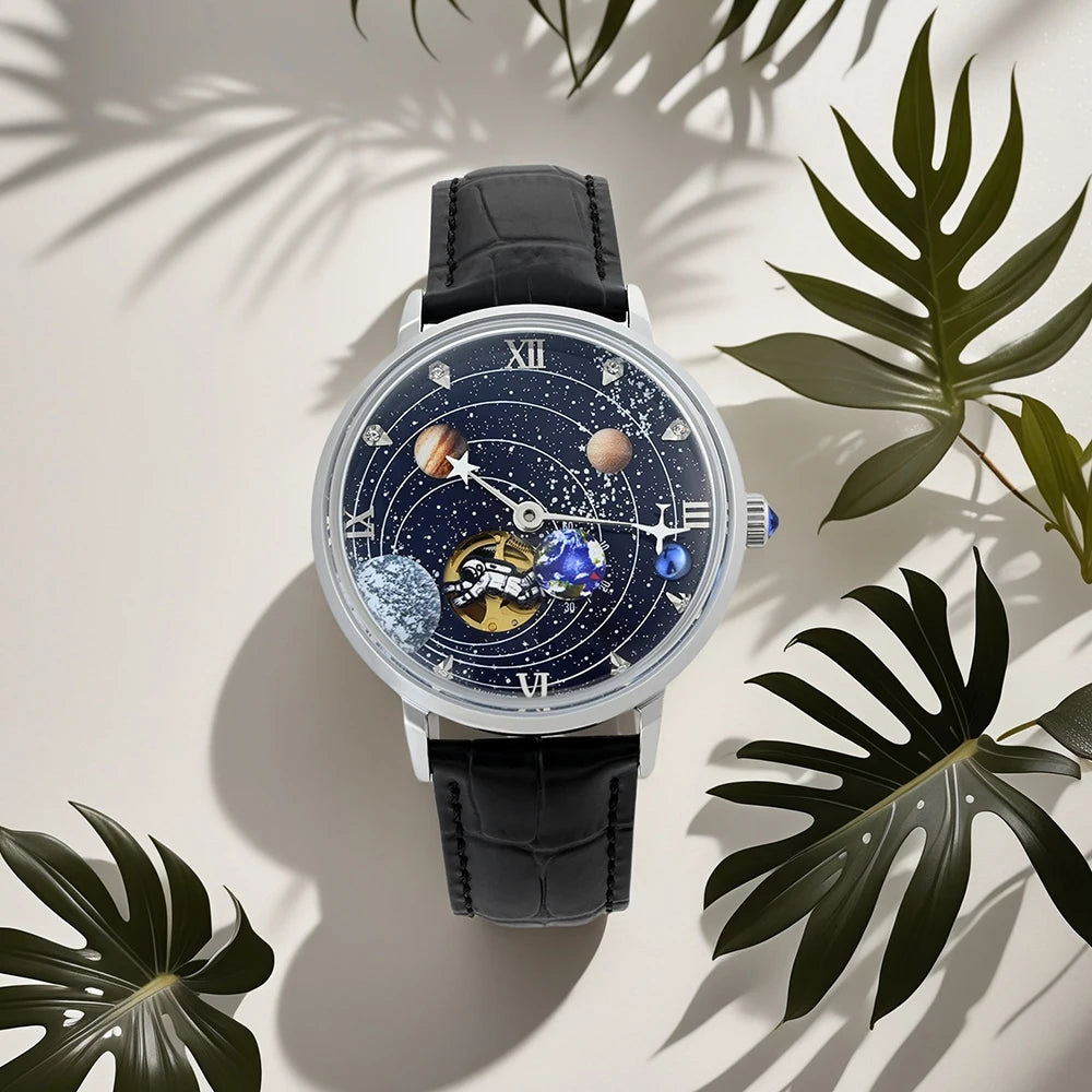 Stainless Steel Men's Space Explorer Automatic Mechanical Watch Galaxy  Planet Dial Durable Fashion Accessory Unique Timepiece