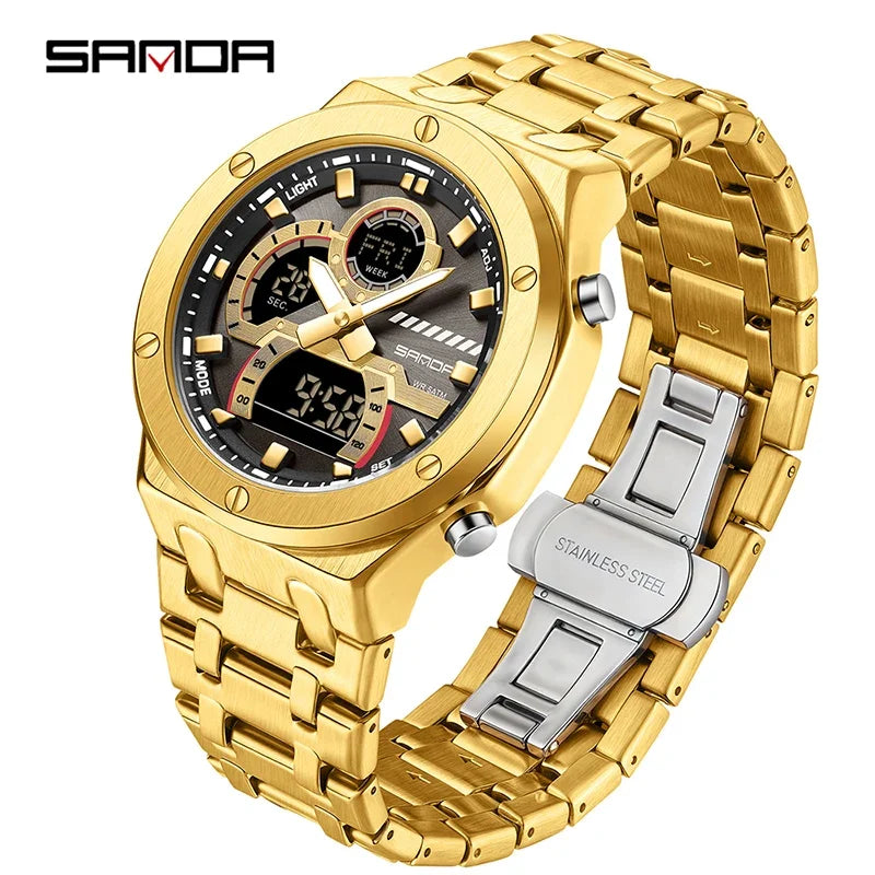 SANDA Fashion Men's Quartz Watch Multifunction Chronograph LED Display Wristwatch Waterproof Stainless Steel Men's Digital Clock