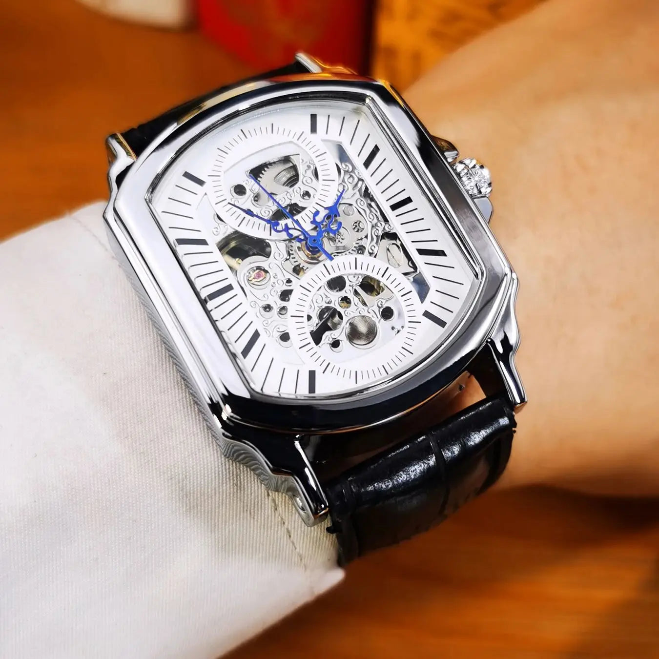 WINNER Business Mens Mechanical Watches Blue Pointers Irregular Skeleton Automatic Watch for Men Casual Leather Strap Wristwatch