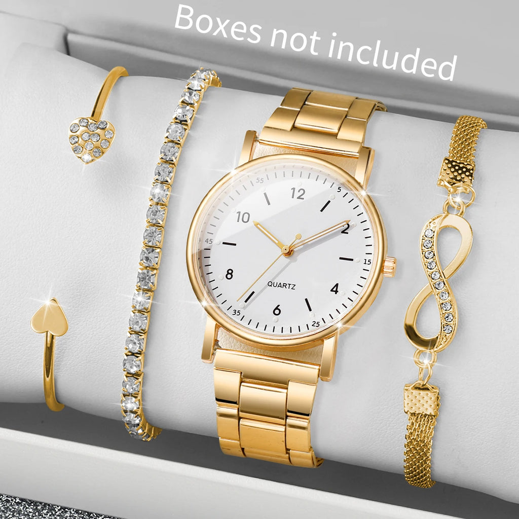 4PCS/Set Fashion Arabic Dial Women Watches Ladies Quartz Wristwatch Rhinestone Bracelets Set Reloj Mujer（Without Box）