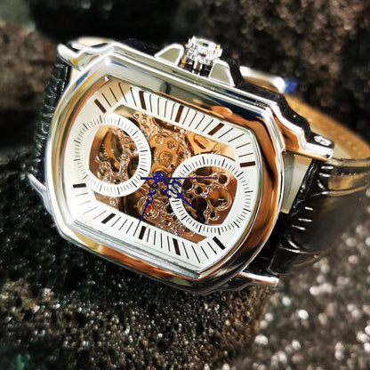 WINNER Business Mens Mechanical Watches Blue Pointers Irregular Skeleton Automatic Watch for Men Casual Leather Strap Wristwatch
