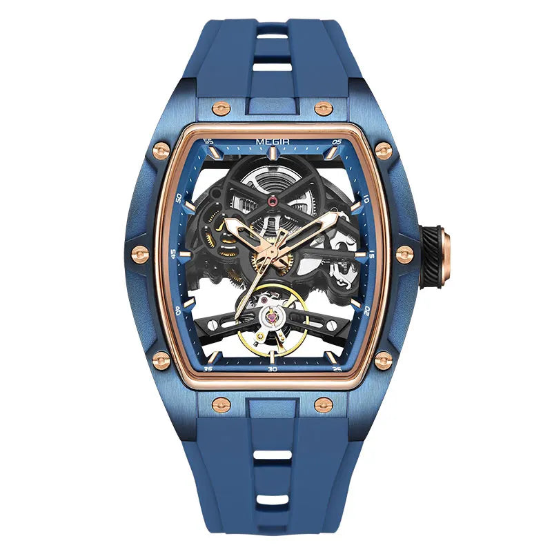 MEGIR Men Wristwatch Fashion Black Waterproof Automatic Mechanical Watch with Luminous Hands Silicone Strap Tonneau Dial 2242