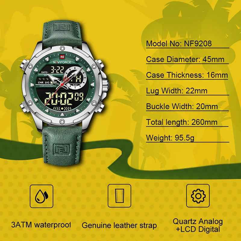 NAVIFORCE Fashion Watches male Casual Genuine Leather Wristwatch Military Waterproof Digital Chronograph Quartz Man Alarm Clocks
