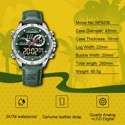 NAVIFORCE Fashion Watches male Casual Genuine Leather Wristwatch Military Waterproof Digital Chronograph Quartz Man Alarm Clocks