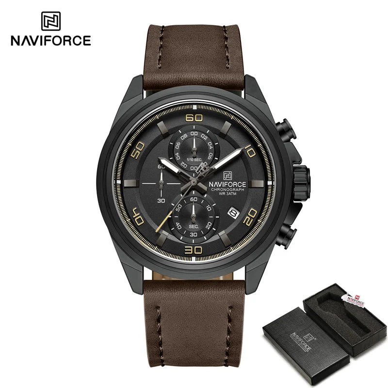 NAVIFROCE Business Casual Mens Watch 3ATM Water-Resistant Calendar Luminous Dial With Leather Strap For Gifts Original Design