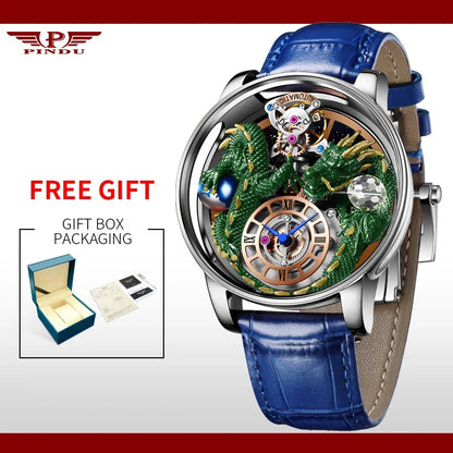 PINDU Design Celestial Body Series Traditionnelle Artisanat Three Dimensional Dragon Men Watch Curved Mirror Transparent Globe