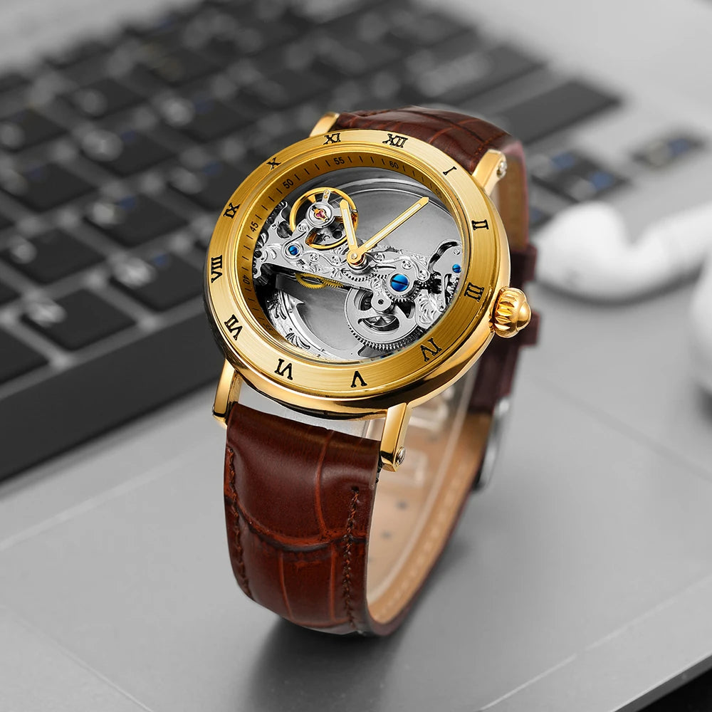 Forsining Luxury Skeleton Automatic Mechanical Watch for Men Golden Bridge Dial Steel Leather Strap Business Mens Watches Gifts