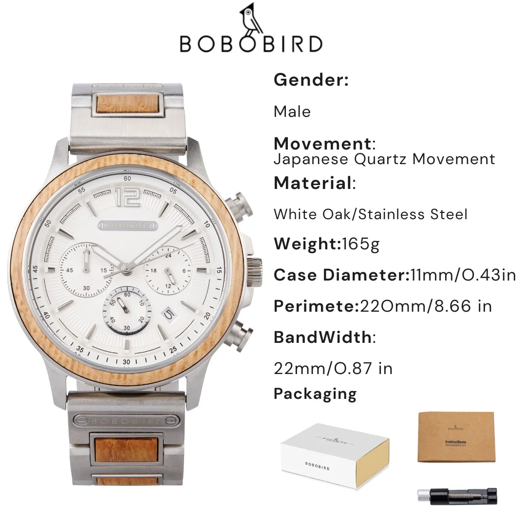 BOBOBIRD High Quality Men's Wood Watch Quartz Chronograph with Date Stainless Steel Wristwatch Gift for Him Support Dropshipping