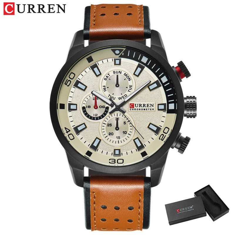 CURREN 8250 Men's Waterproof Casual Three-Hand Watch Business Leather Breathable Strap Wristwatch
