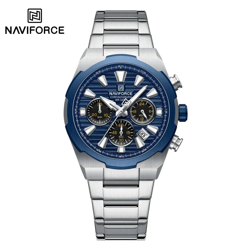 NAVIFORCE Men's Quartz Watch Multifunctional Calendar Stopwatch Luminous 30ATM Waterproof Stainless Steel Band Wristwatch