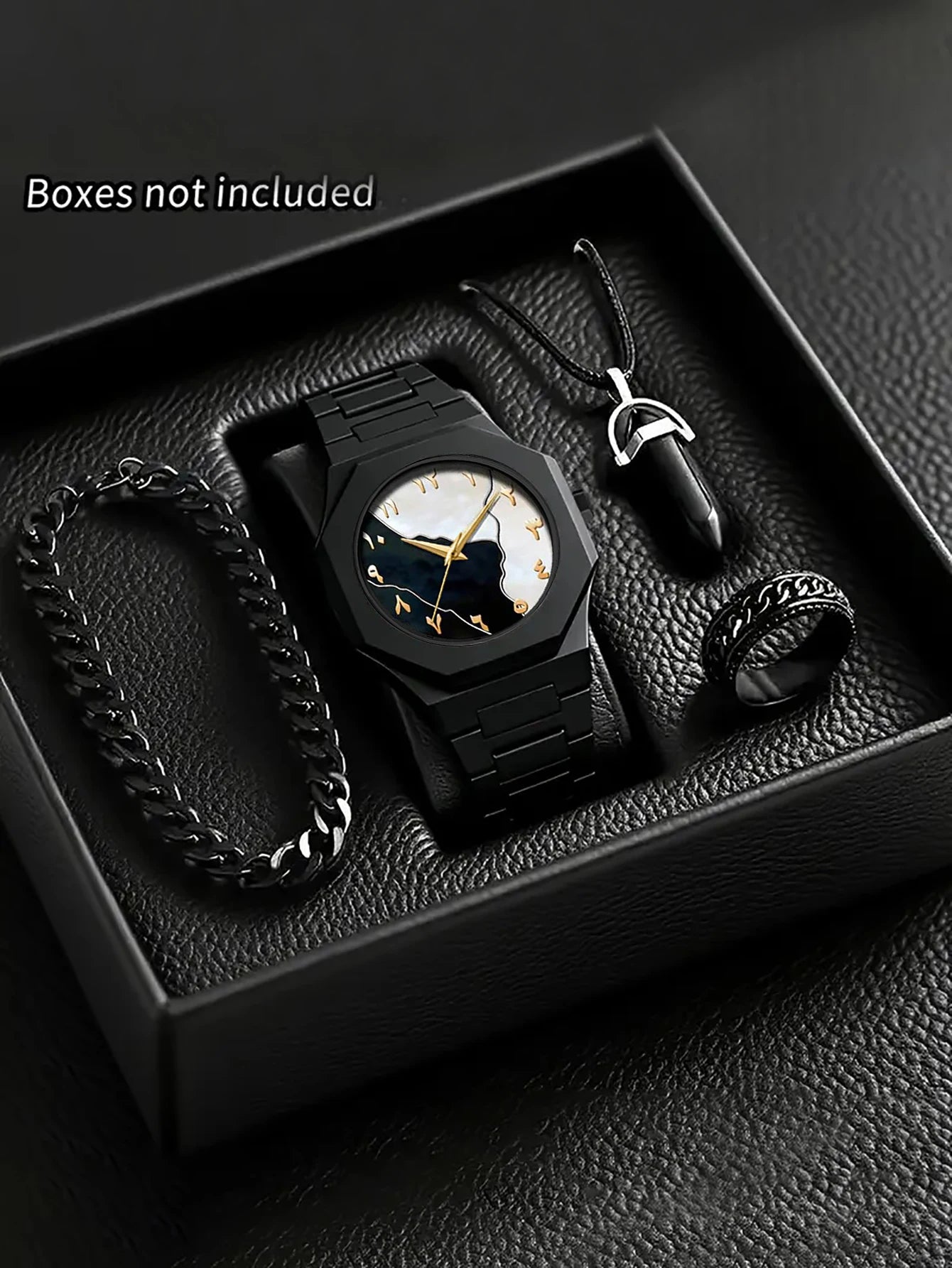 Men's Quartz Watch Bracelet Necklace Ring Set Plastic Strap Suitable for Daily Wear Festival Gifts Box Not Included