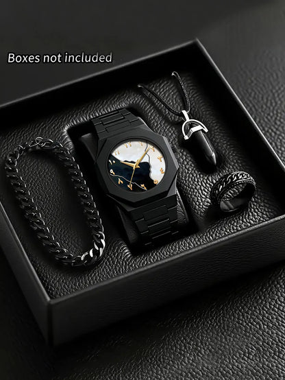 Men's Quartz Watch Bracelet Necklace Ring Set Plastic Strap Suitable for Daily Wear Festival Gifts Box Not Included