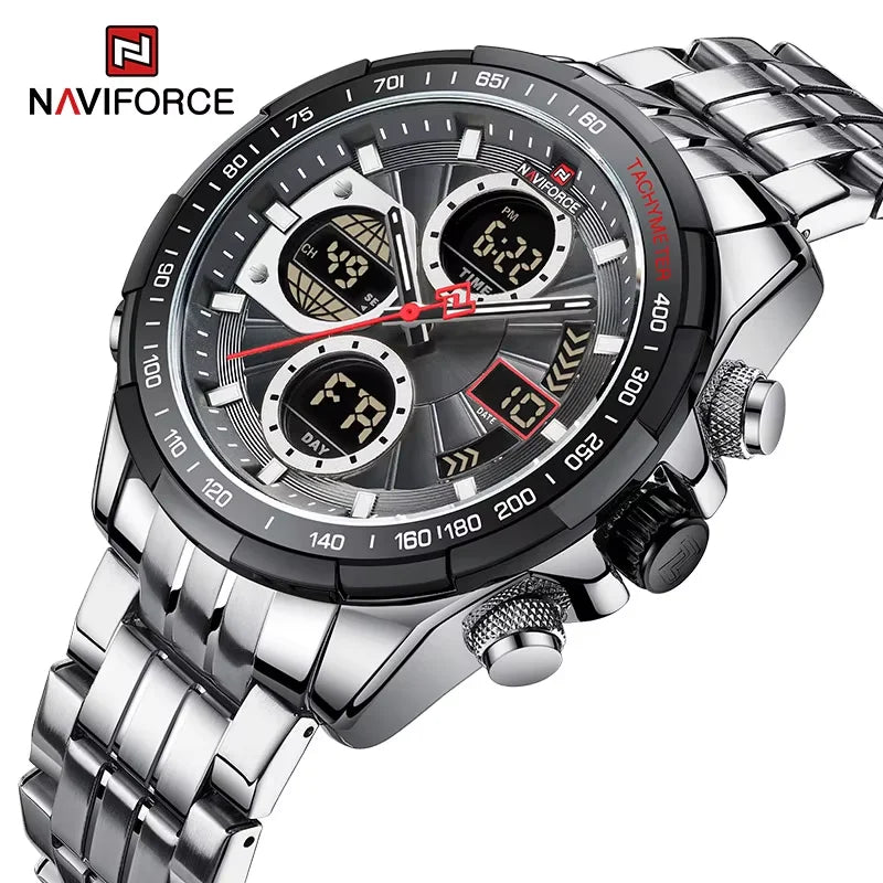 NAVIFORCE Men's Quartz Watches New Dual Display 30m Waterproof Sports Wrist Watch Stainless Steel Casual Clock Relogio Masculino