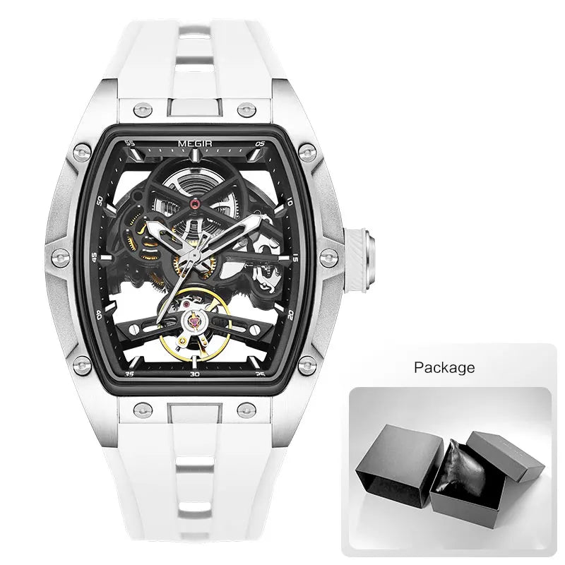 MEGIR Men Wristwatch Fashion Black Waterproof Automatic Mechanical Watch with Luminous Hands Silicone Strap Tonneau Dial 2242