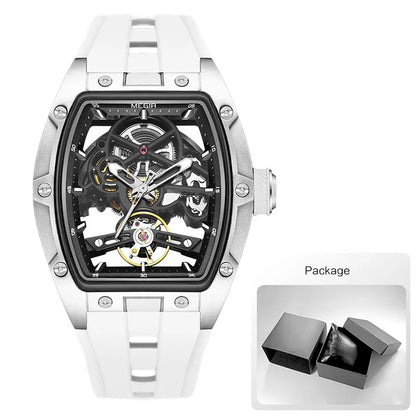 MEGIR Men Wristwatch Fashion Black Waterproof Automatic Mechanical Watch with Luminous Hands Silicone Strap Tonneau Dial 2242