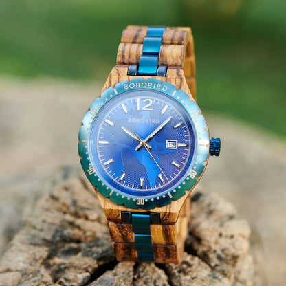 BOBOBIRD 2025 New Design Wooden Quartz Watch for Men Natural Wood Blue 43mm Dial Automatic Date Wristwatch Male for Men's gift