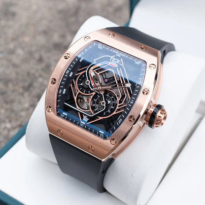 OBLVLO Men Automatic Watch 43mm Mechanical Tonneau Case Wristwatch Skeleton Racing Dial 50M Waterproof Luminous Miyota 82S7