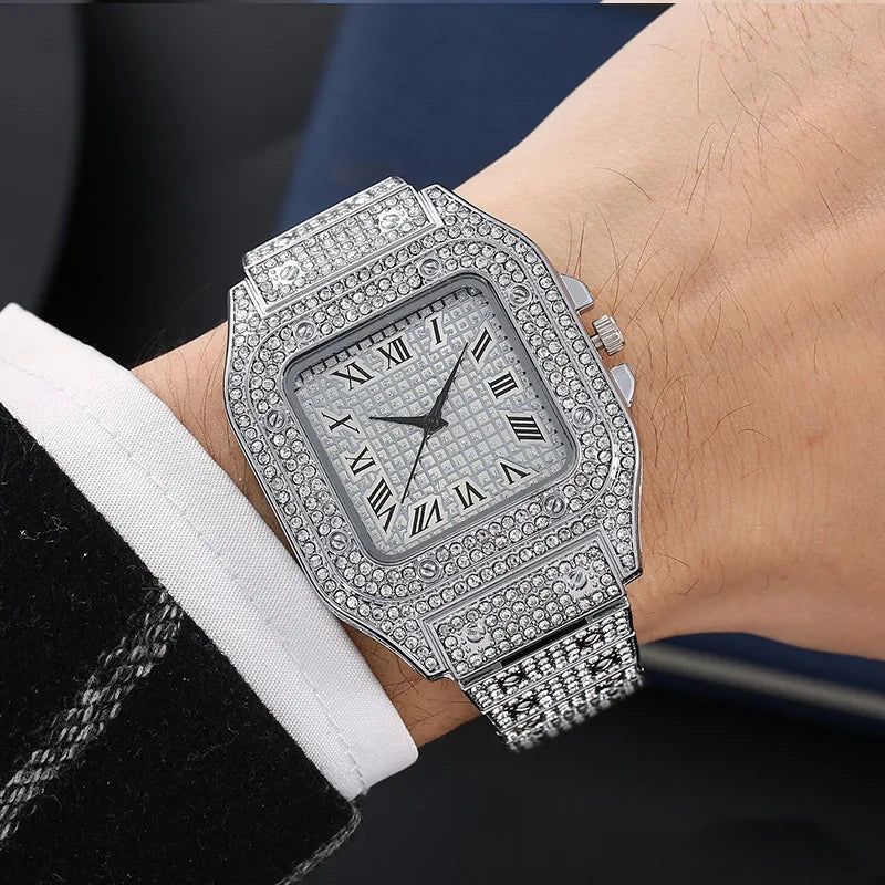 Brand Luxury Men's Watches Stylish Alloy Strap Hip Hop Diamond Gold Date Quartz Watch Montre Homme
