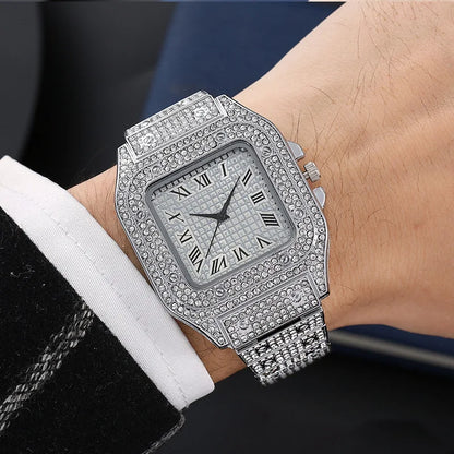 Brand Luxury Men's Watches Stylish Alloy Strap Hip Hop Diamond Gold Date Quartz Watch Montre Homme