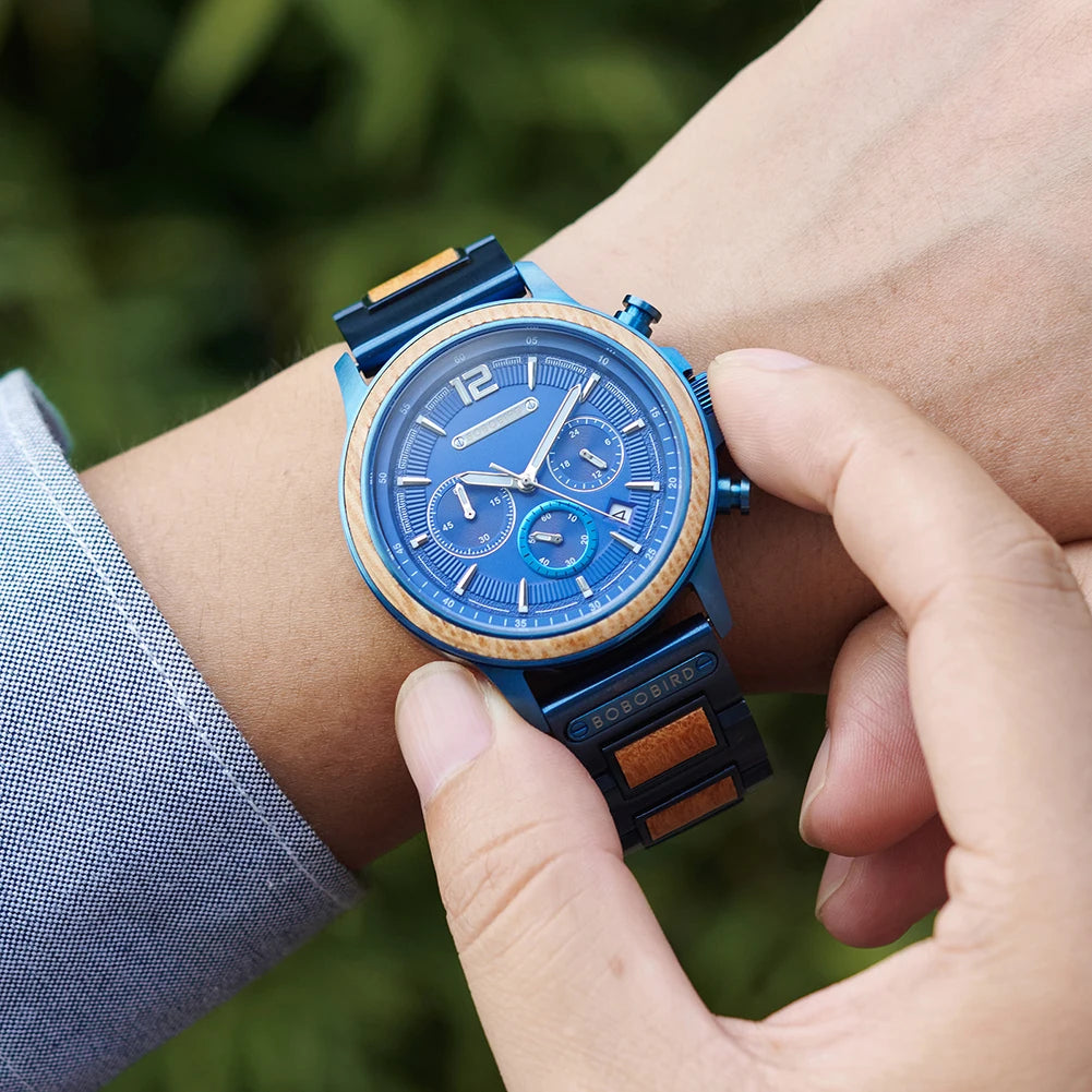 BOBOBIRD High Quality Men's Wood Watch Quartz Chronograph with Date Stainless Steel Wristwatch Gift for Him Support Dropshipping