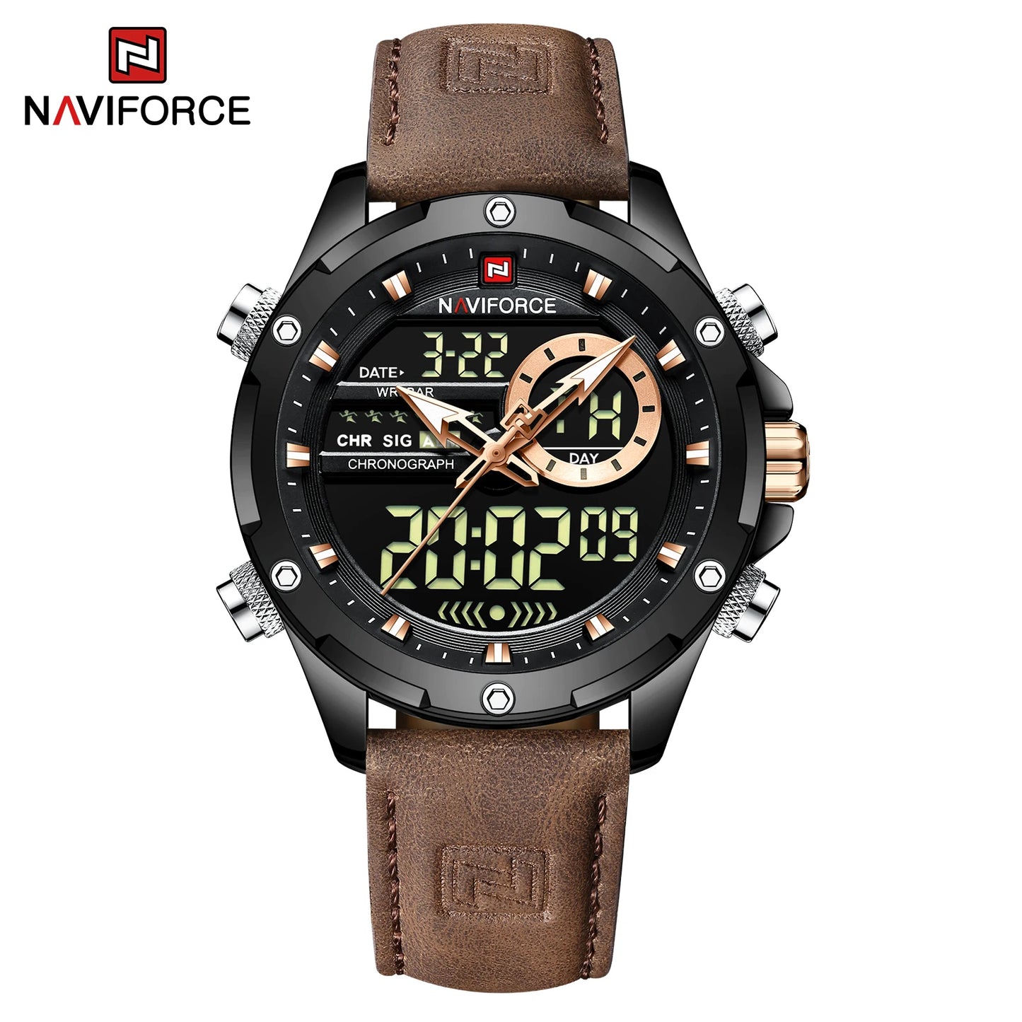 Naviforce Mens Original Watches 2025 Men Fashion Sports Waterproof Luxury Corium Strap Men Wristwatch with Calendar Dual Display