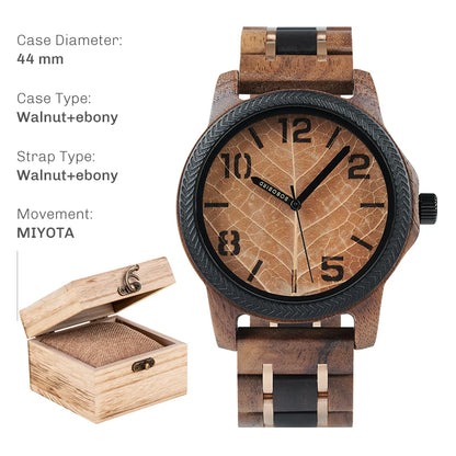 BOBO BIRD Men's Wood Watch with Genuine Leaf, Original Wooden Clock, Wooden Watch, Handmade Watch, Anniversary Gift for Man