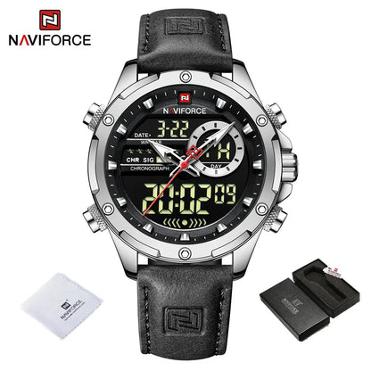 NAVIFORCE Original Men's Dual Time Luxury Sport Watch Casual Chronograph Alarm Quartz Wristwatch Leather Strap Waterproof Clock