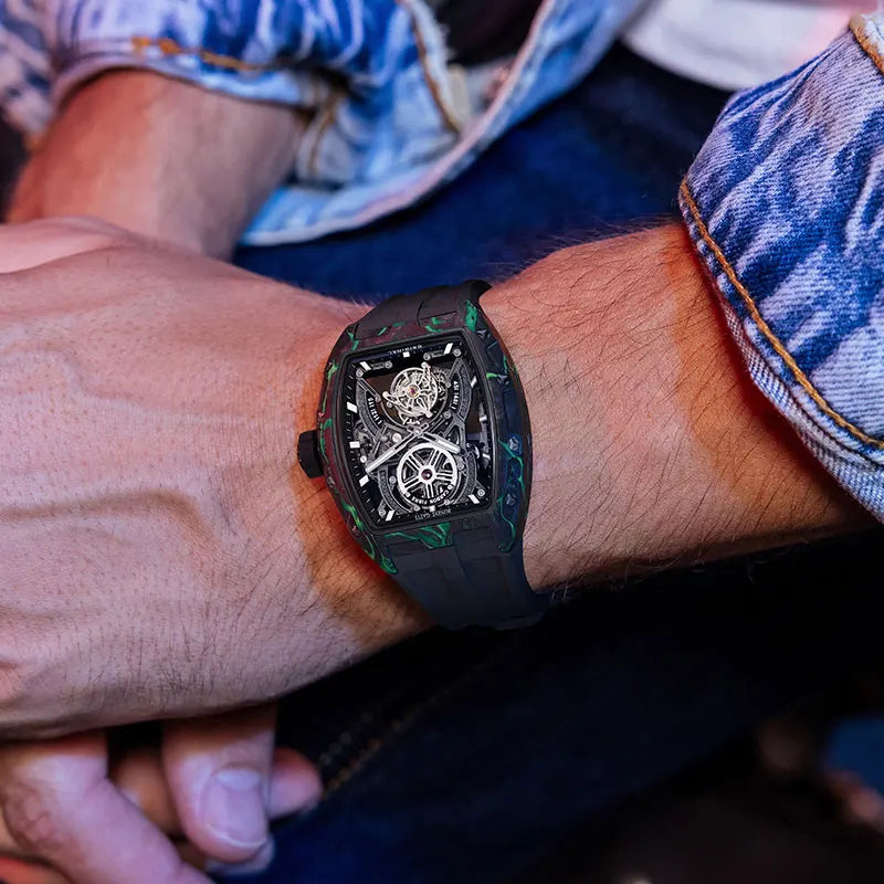 BONEST GATTI 2025 New Luxury Men Automatic Mechanical Tourbillon Skeleton Carbon Fiber Luminous Barrel Case Wristwatch