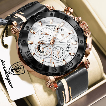 POEDAGAR Original Watches For Man Waterproof Luminous Date Fashion Male Clock Chronograph Leather Quartz Sports Men's Wristwatch