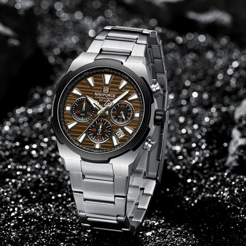NAVIFORCE Men's Quartz Watch Multifunctional Calendar Stopwatch Luminous 30ATM Waterproof Stainless Steel Band Wristwatch