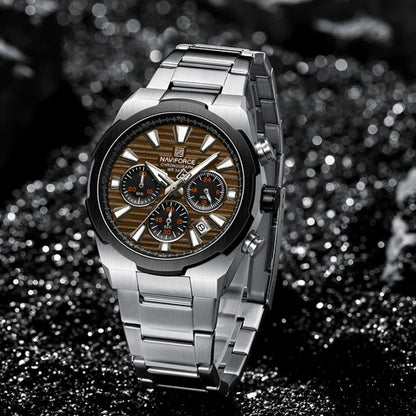 NAVIFORCE Men's Quartz Watch Multifunctional Calendar Stopwatch Luminous 30ATM Waterproof Stainless Steel Band Wristwatch