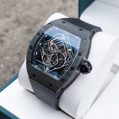OBLVLO Men Automatic Watch 43mm Mechanical Tonneau Case Wristwatch Skeleton Racing Dial 50M Waterproof Luminous Miyota 82S7
