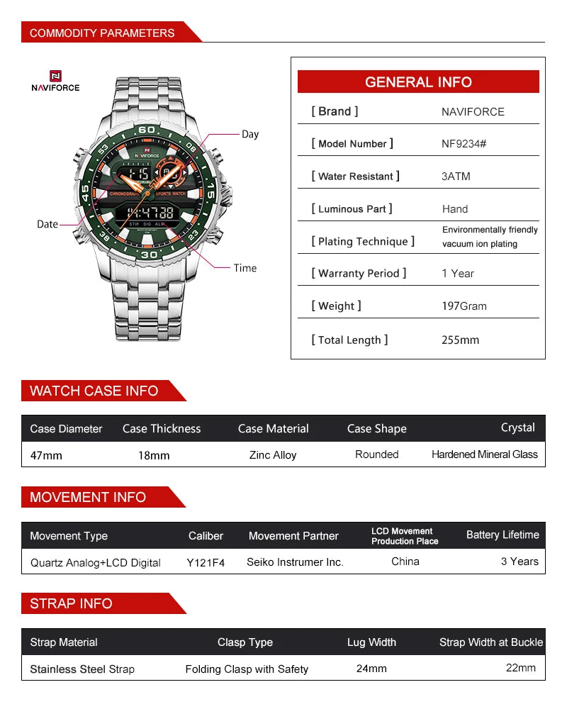 NAVIFORCE Fashion Brand Black Gold Men Watch Fashion Luxury Quartz Wrist Watches Sport Waterproof  Stainless Steel Strap NF9234