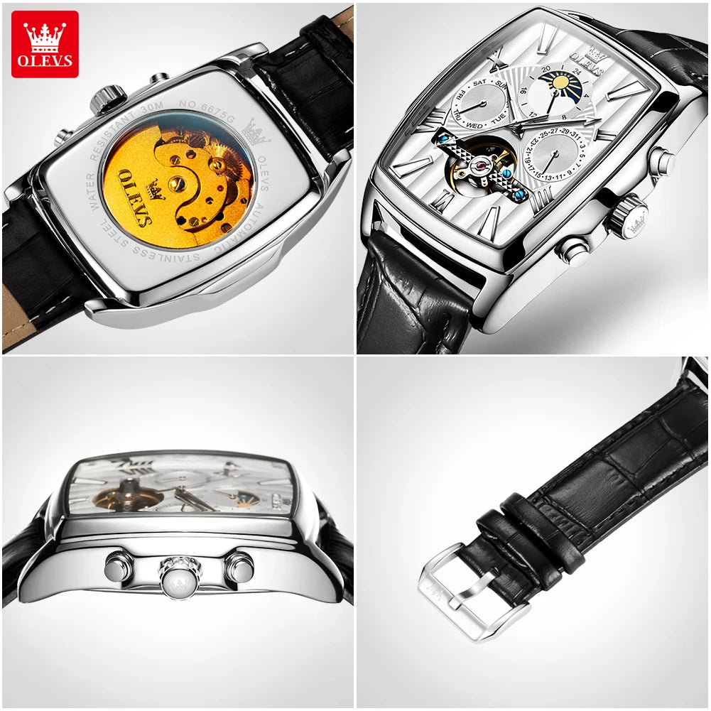 OLEVS 6675 Original Automatic Men's Watches Luxury Brand Square Dial Moon Phase Hollowed Flywheel Mechanical Wristwatch for Man