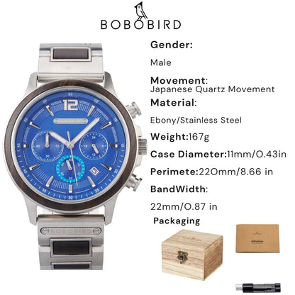 BOBOBIRD High Quality Men's Wood Watch Quartz Chronograph with Date Stainless Steel Wristwatch Gift for Him Support Dropshipping