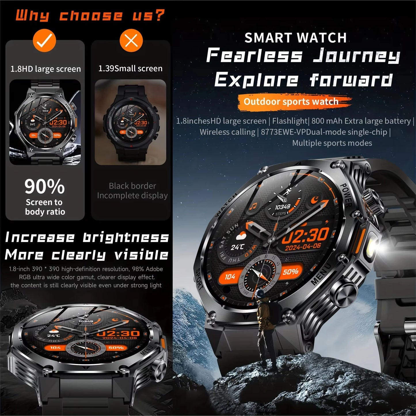 New Rugged Outdoor Sports Smartwatch 1.8" 390*390HD screen 800mAh Long Battery Life Fitness Tracker Calorie Distance Smart Watch