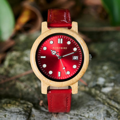 BOBO BIRD Bamboo Ladies Wristwatch for Women with Genuine Leather Strap Natural Lightweight Elegant Fashion Gift Watch for Her