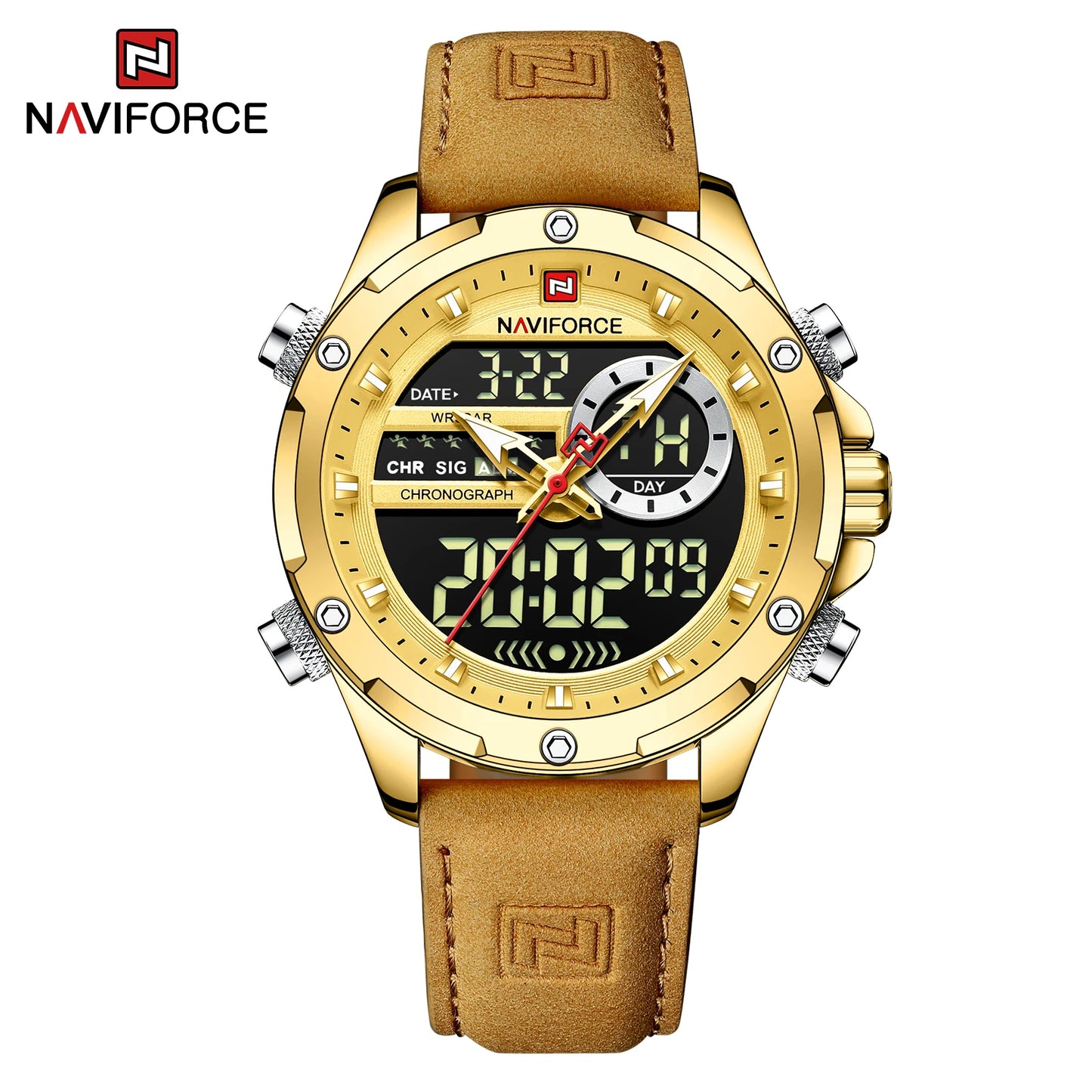 Naviforce Mens Original Watches 2025 Men Fashion Sports Waterproof Luxury Corium Strap Men Wristwatch with Calendar Dual Display