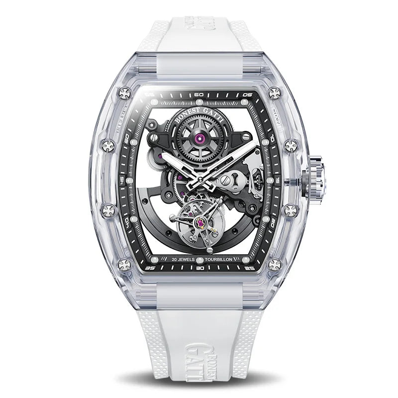 ChronoState BONEST GATTI Tourbillon – Automatic Crystal Skeleton Watch | Sapphire Luminous Rubber Strap Timepiece