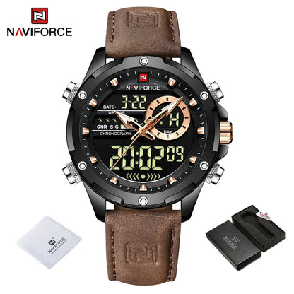 NAVIFORCE Original Men's Dual Time Luxury Sport Watch Casual Chronograph Alarm Quartz Wristwatch Leather Strap Waterproof Clock