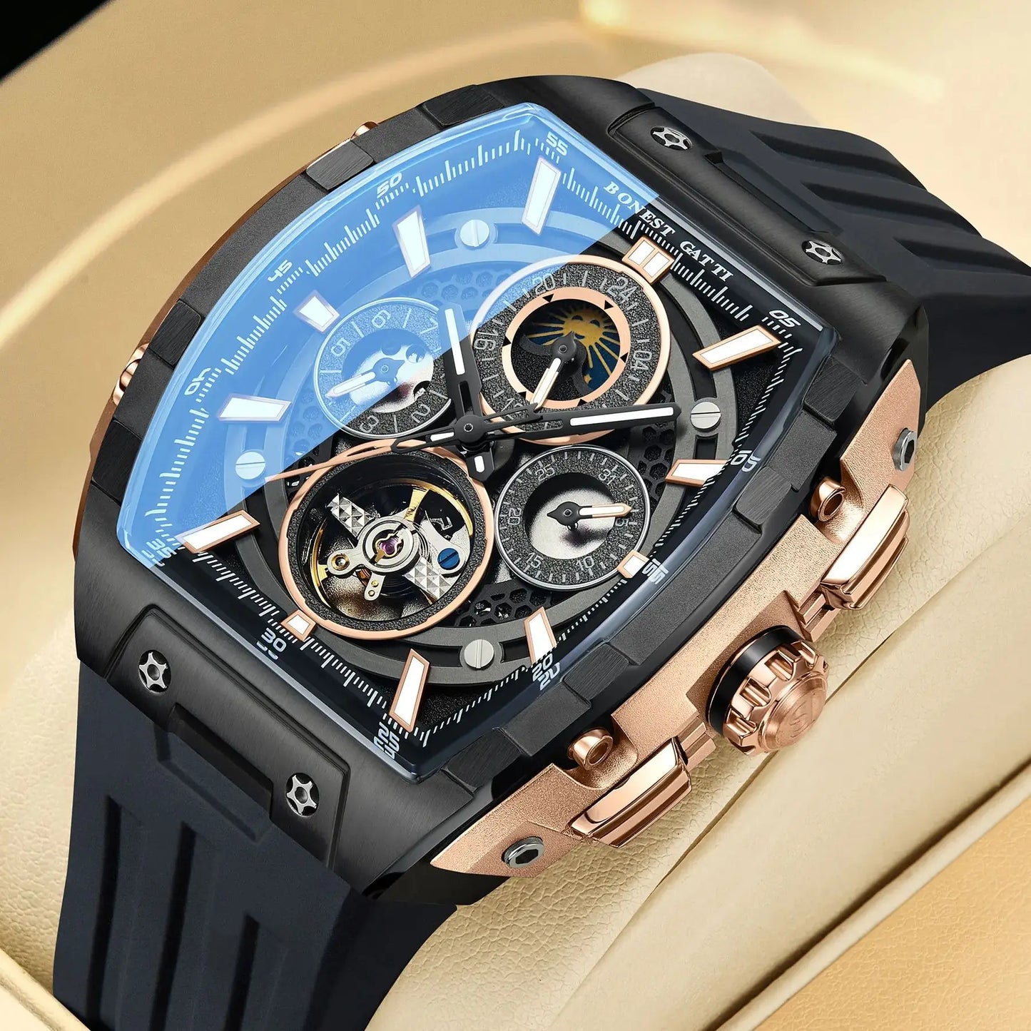 BONEST GATTI Men Automatic Watch 47 mm Tonneau Mechanical Wristwatch Waterproof Sapphire Luminous Multi-Dial Week Date 24 Hours