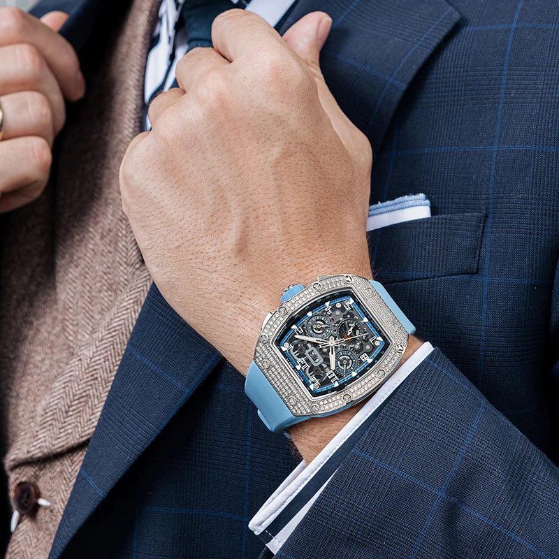 BONEST GATTI Automatic Watch Tonneau Mechanical Wristwatch Diamond Bezel Rubber Strap Watches For Men