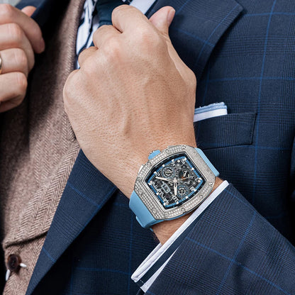 BONEST GATTI Automatic Watch Tonneau Mechanical Wristwatch Diamond Bezel Rubber Strap Watches For Men